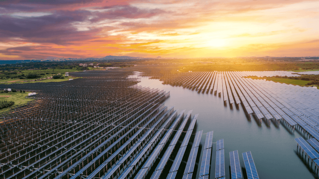 Solar panels above water in country side